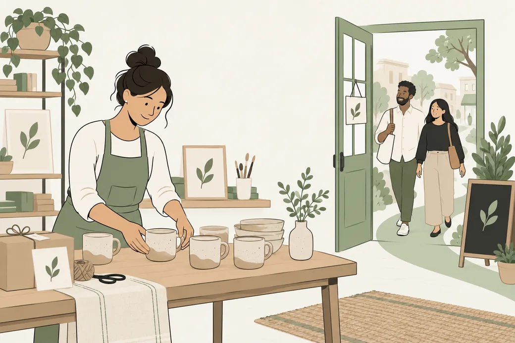 A business owner works in her shop while customers discover it.